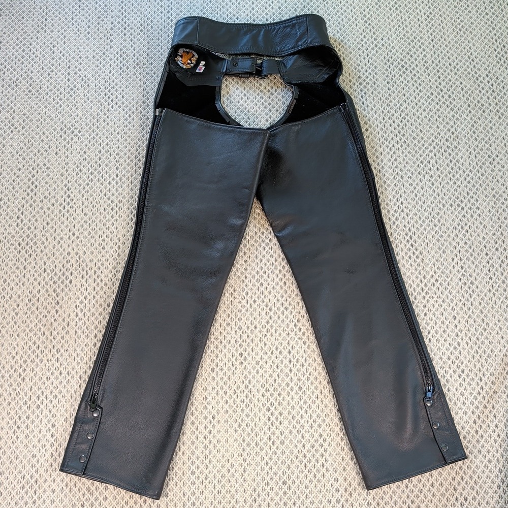 Vtg 90s JUST LEATHER Black Motorcycle CHAPS Handmade USA Mens Large 36-40x35 EUC - Picture 2 of 16